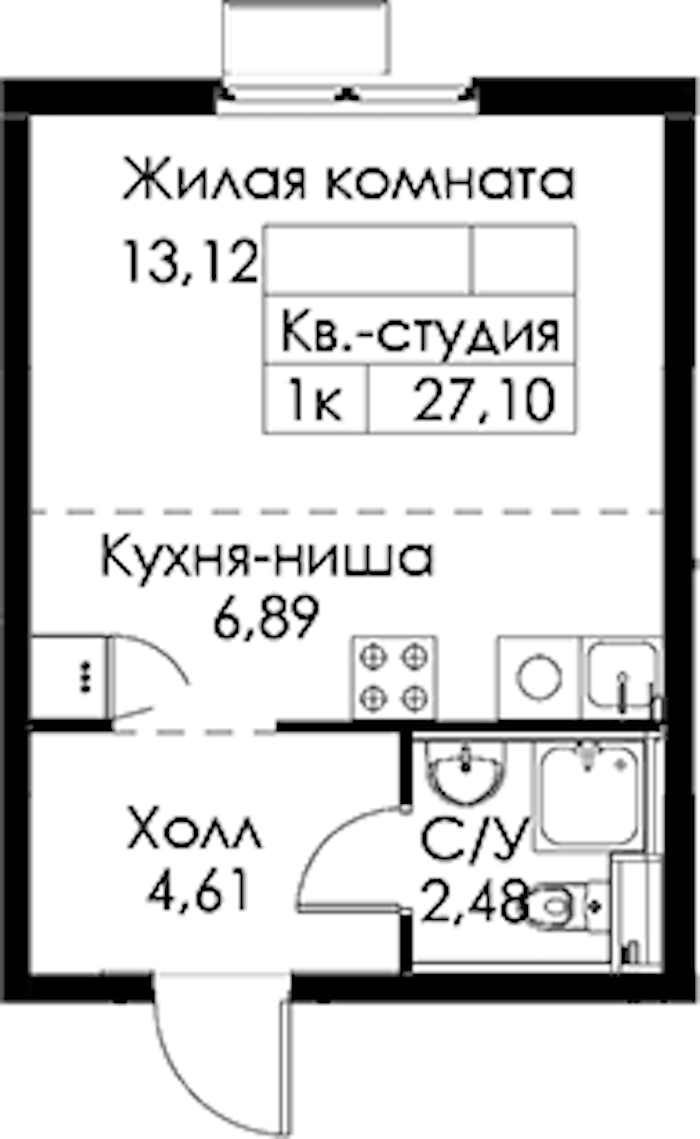 Квартира студия 27.1 м², 9/15 эт., ЖК «Заречный парк»